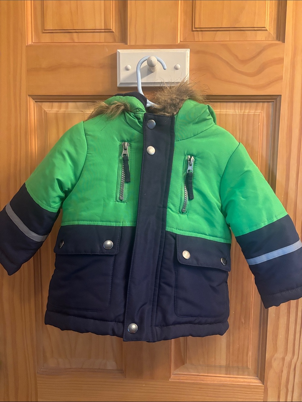 Kids Boy Faux Fur Hooded Jacket,Green/Navy